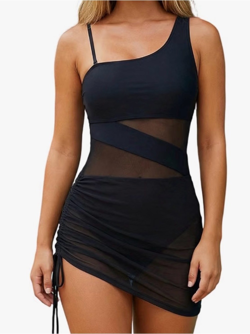 Black One-Shoulder Mesh Bodycon bikini